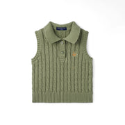 Cable Knit Sleeveless Polo Shirt In Sage Green