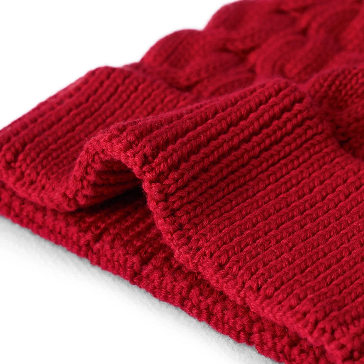 Cable Knit Pom Beanie In Red Xmas