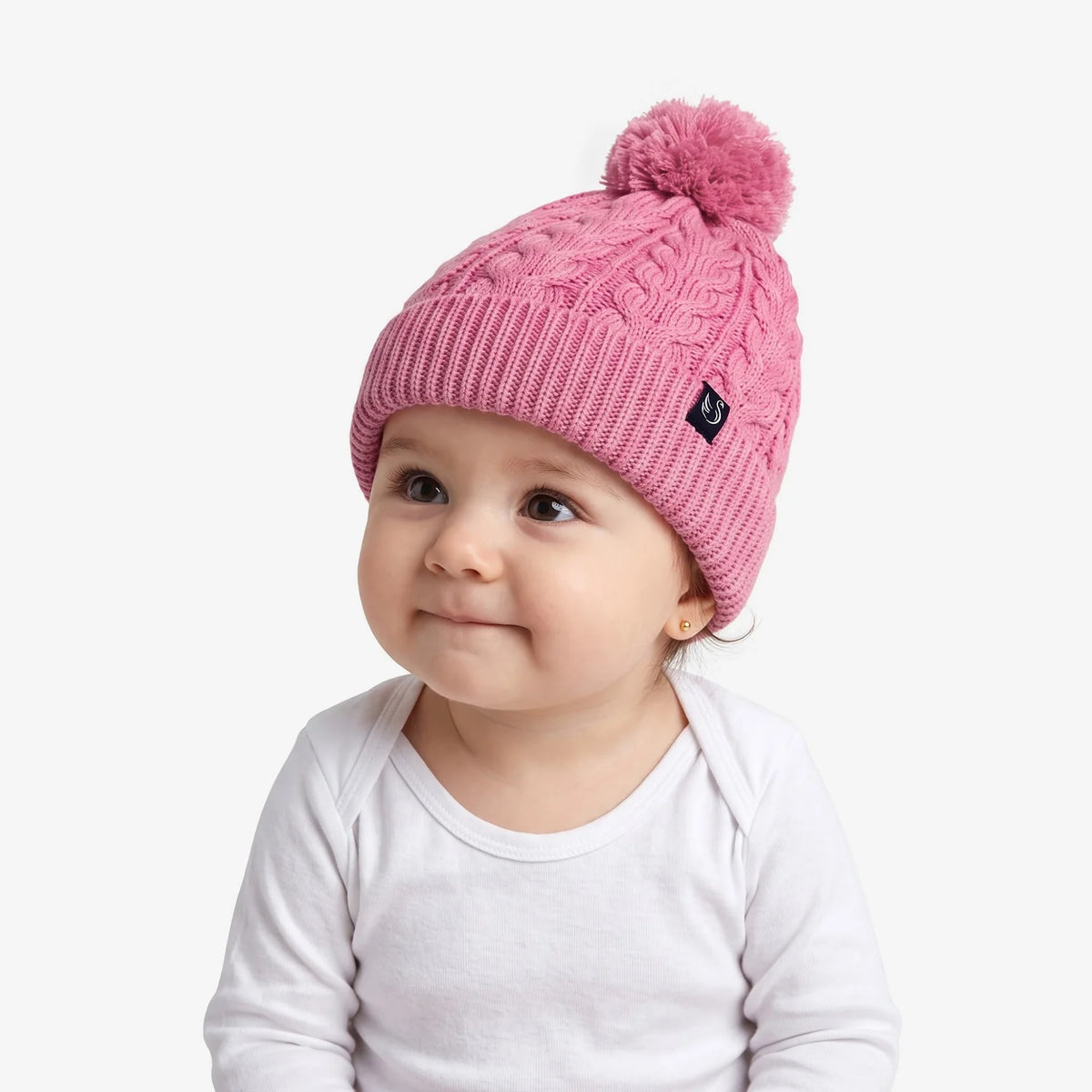Cable Knit Pom Beanie In Rose Pink
