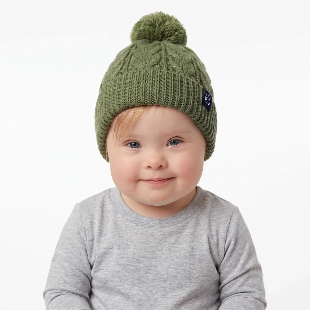 Cable Knit Pom Beanie In Sage Green
