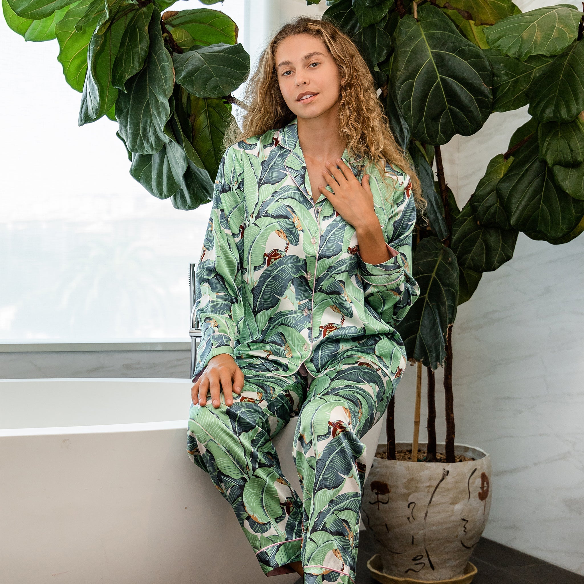 Women's Banana Leaf Green Shirt + Pj Pant Set - Silk