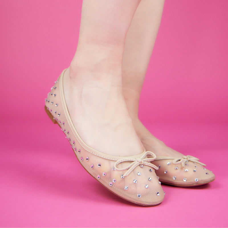 Sadie Ballet Flat In Beige Crystal Mesh