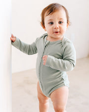 Long Sleeve Zipper Bodysuit In Sage, 0-3m