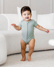 Short Sleeve Zipper Bodysuit In Sage, 0-3m