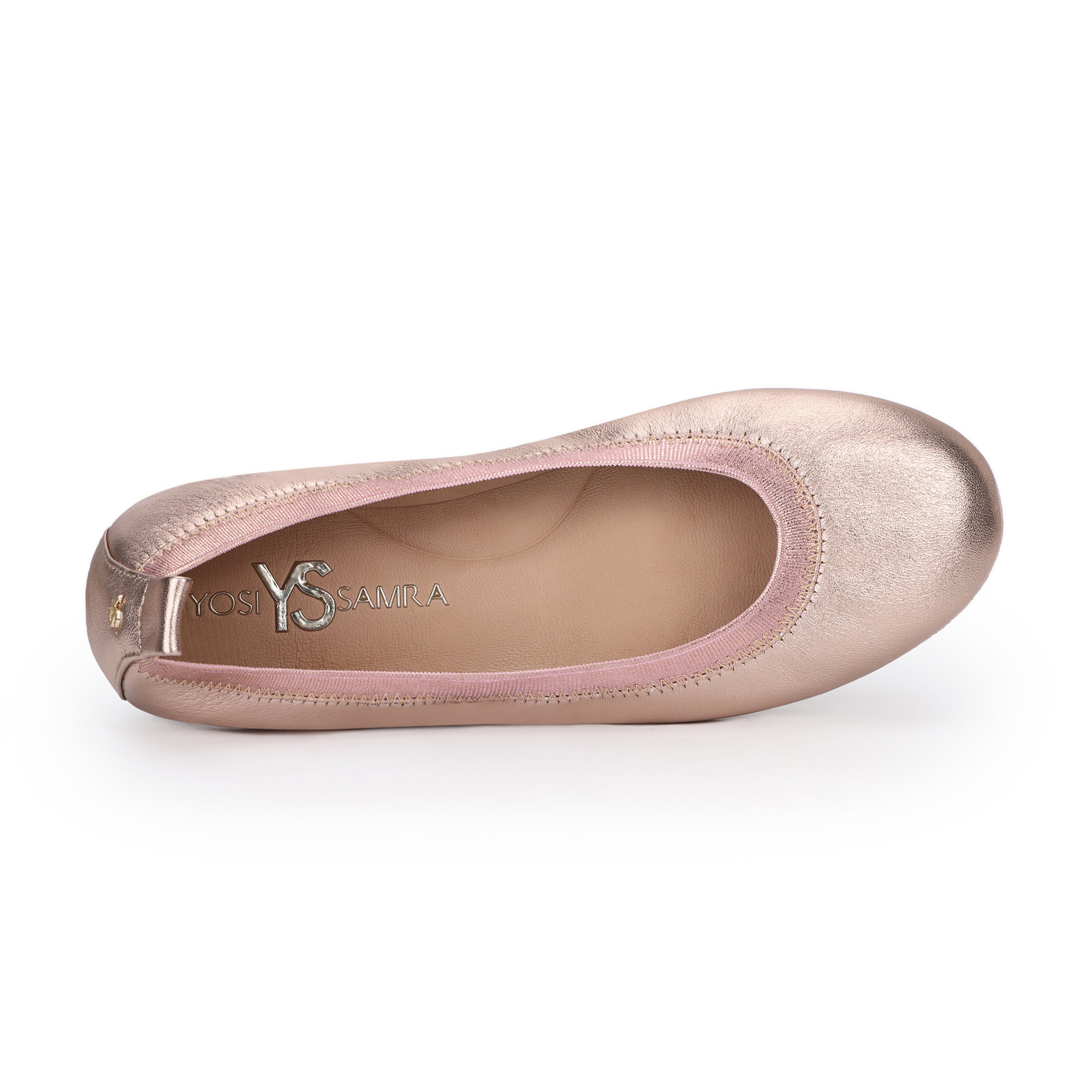 Samara Foldable Ballet Flat In Rose Gold Metallic Leather