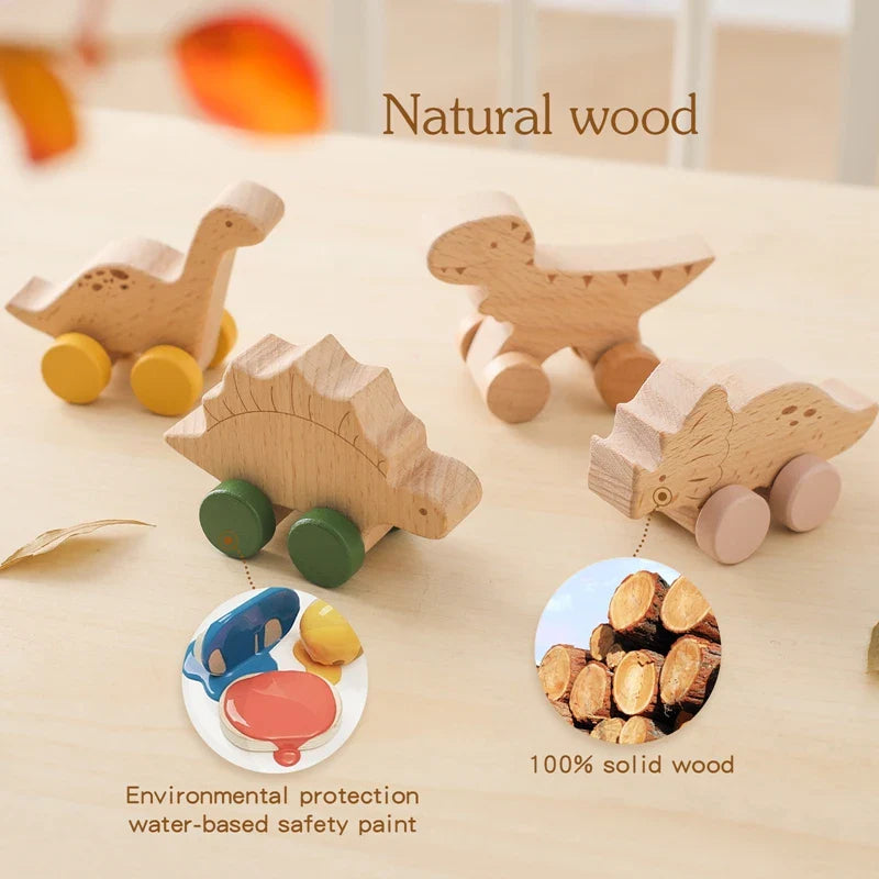 1 Pc Beech Wood Montessori Toy Dinosaur With Wheels Multivariant