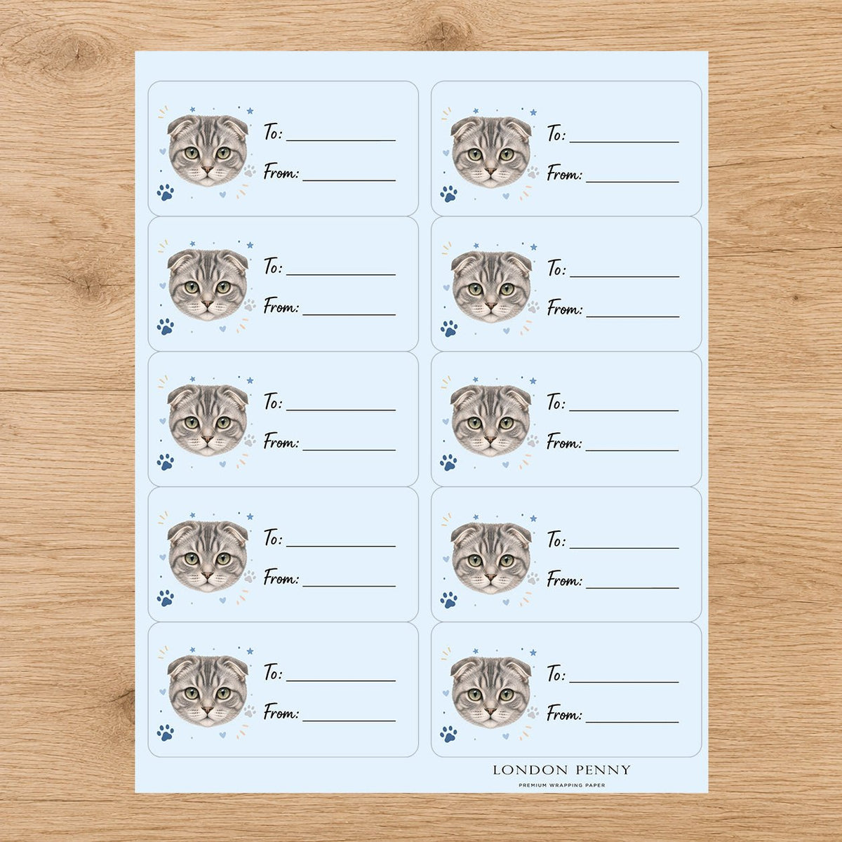 Scottish Fold Pawprint Wishes Gift Tag Sticker Sheet