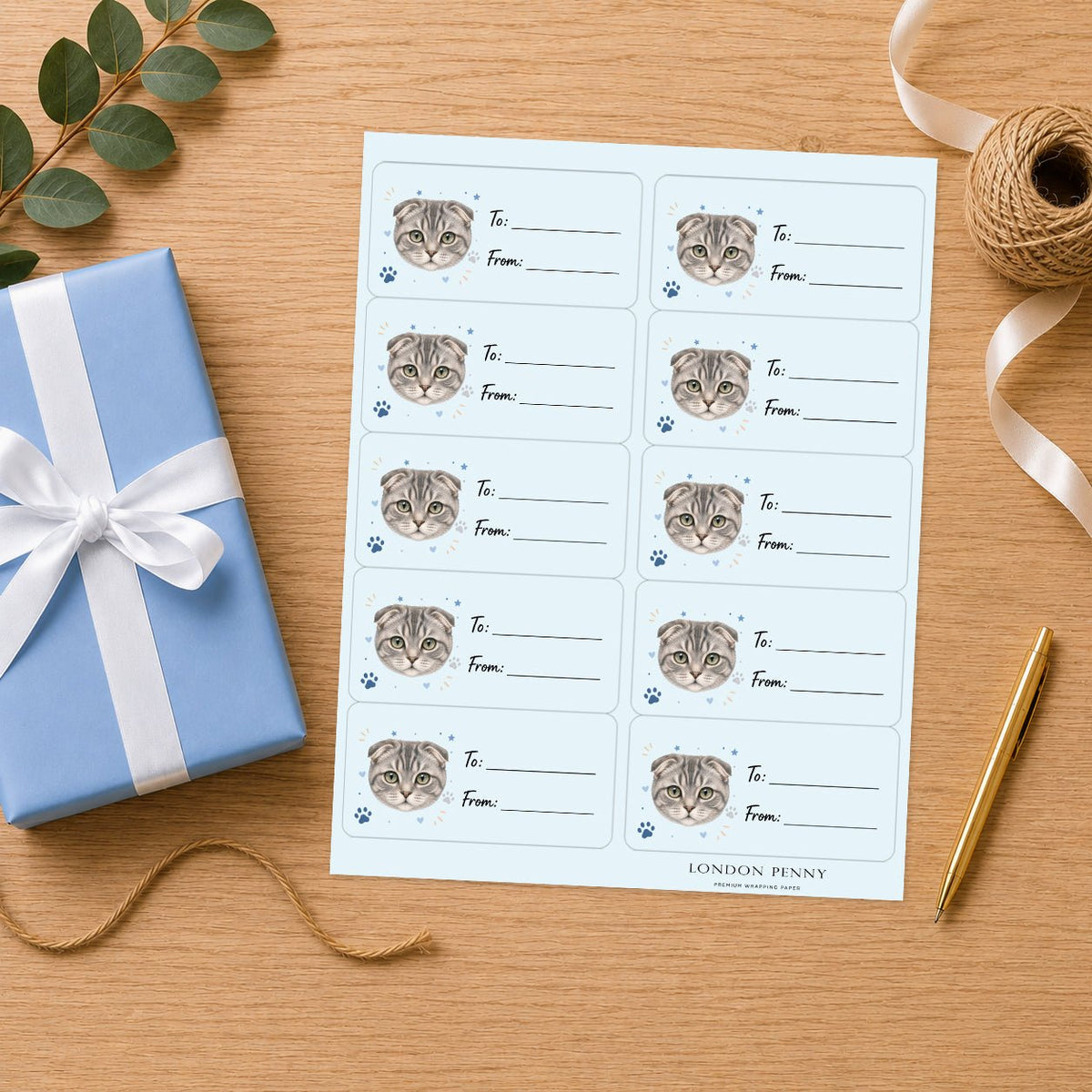 Scottish Fold Pawprint Wishes Gift Tag Sticker Sheet