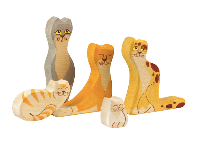 Wooden Cat Figurines Set Of 5