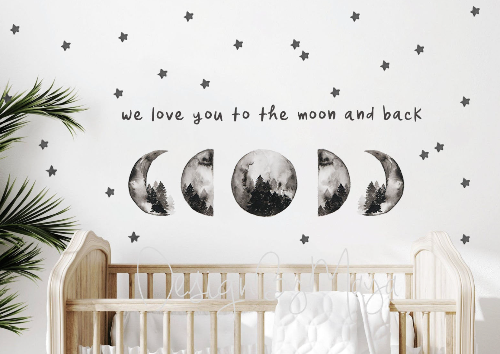 "i Love You To The Moon And Back" - Full Moon And Stars - Fabric Nursery Wall Art Decals