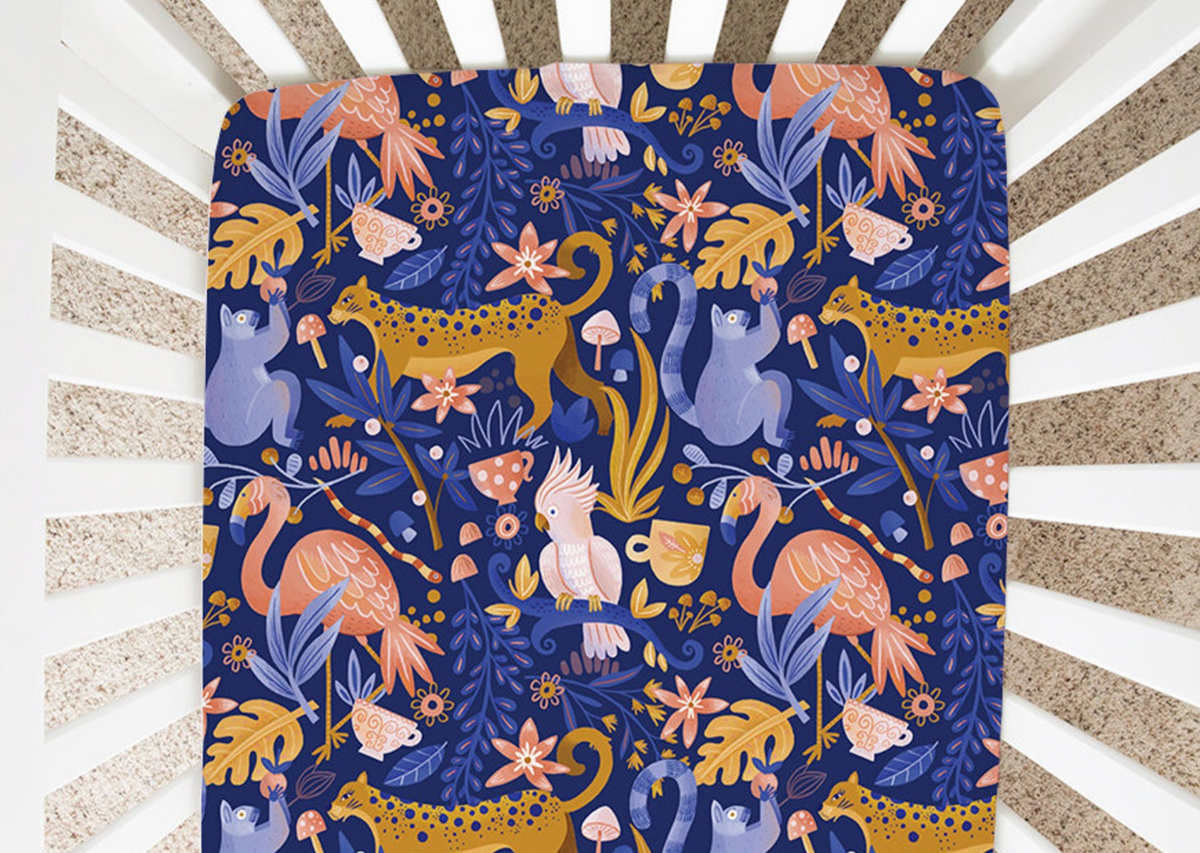 Midnight Blue Jungle Friends - Minky / Jersey Crib Sheets