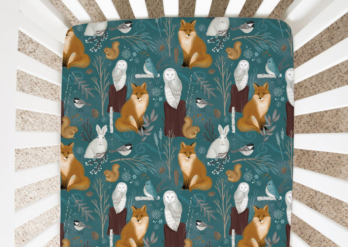 Dark Teal Fox And Owls - Minky / Jersey Crib Sheets