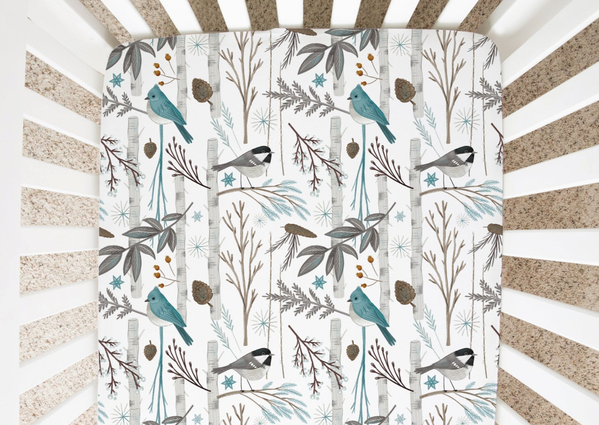 Charcoal Bamboo And Birds - Minky / Jersey Crib Sheets