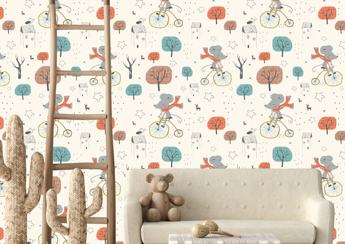 Baby Mice On Antique Bikes - Nursery Wall Decor Wallpapers