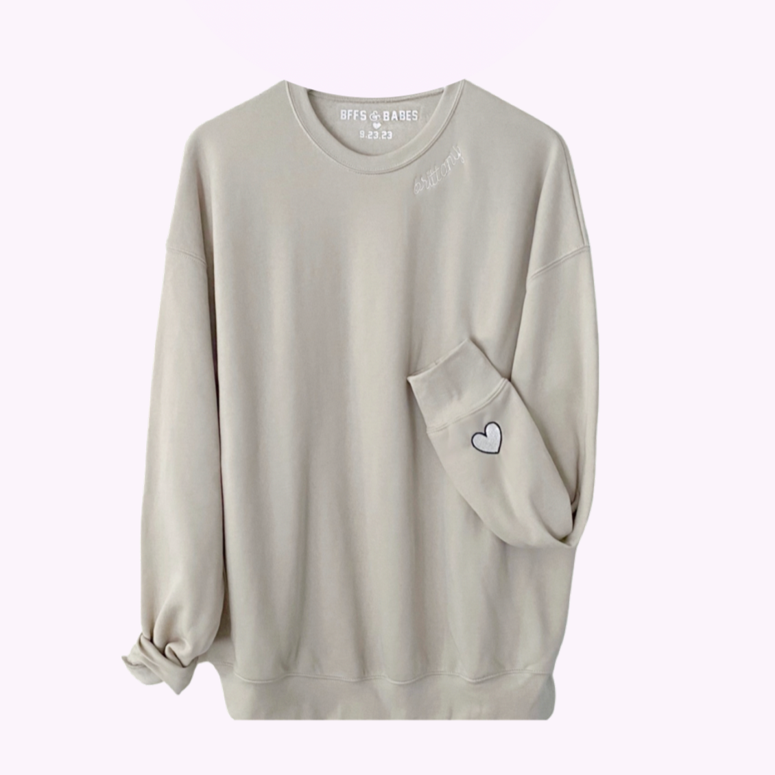 Bffs & Babes X You ♡ Personalized Label + Stitch Collar Beige Sweatshirt