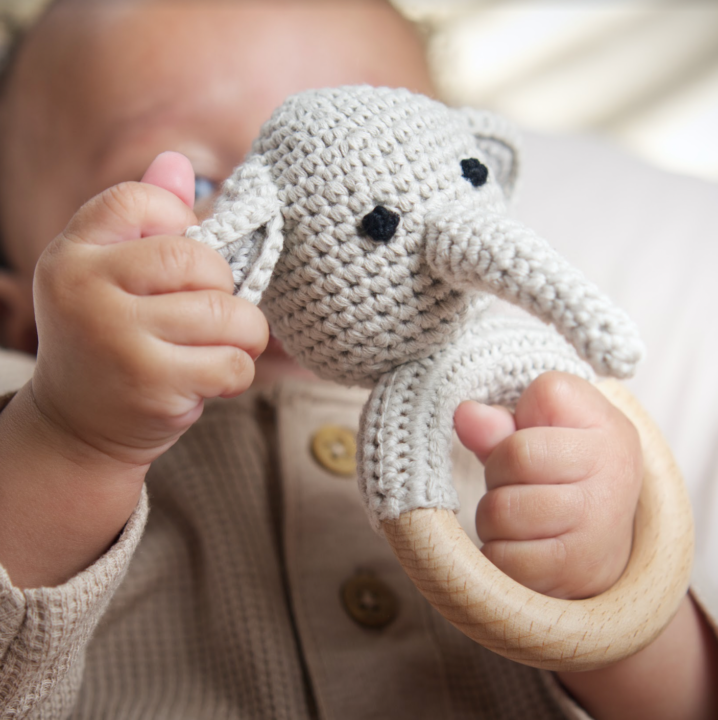 Handmade Organic Cotton Rattle Ring Teether · Elephant Design · Grey Body With Black Features
