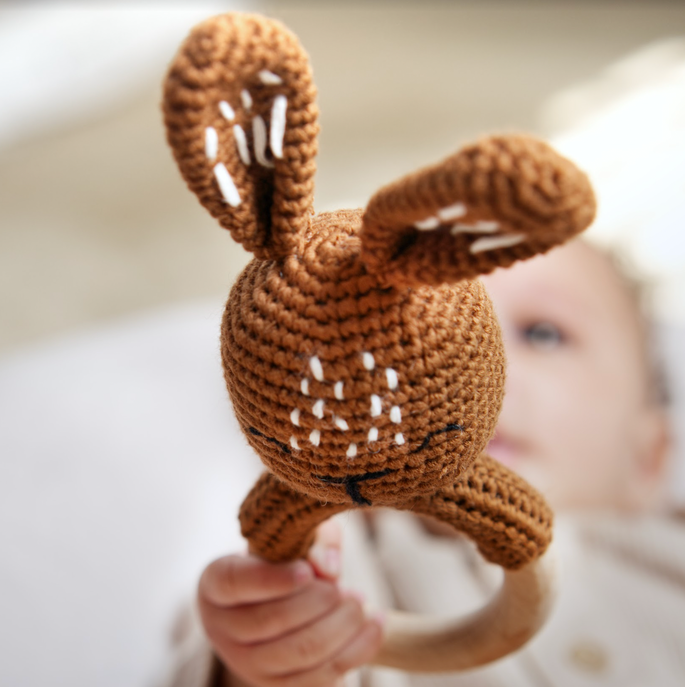 Handmade Organic Cotton Rattle Ring Teether · Bunny Design · Brown/rust Body Color