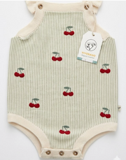 Viverano - Cherry Stripe Embroidered Baby Ruffle Romper Organic Cotton, Sweet Cream/red Stripe