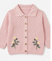 Viverano - Lily Floral Textured Baby Knit Collar Cardi Shirt, Baby Pink