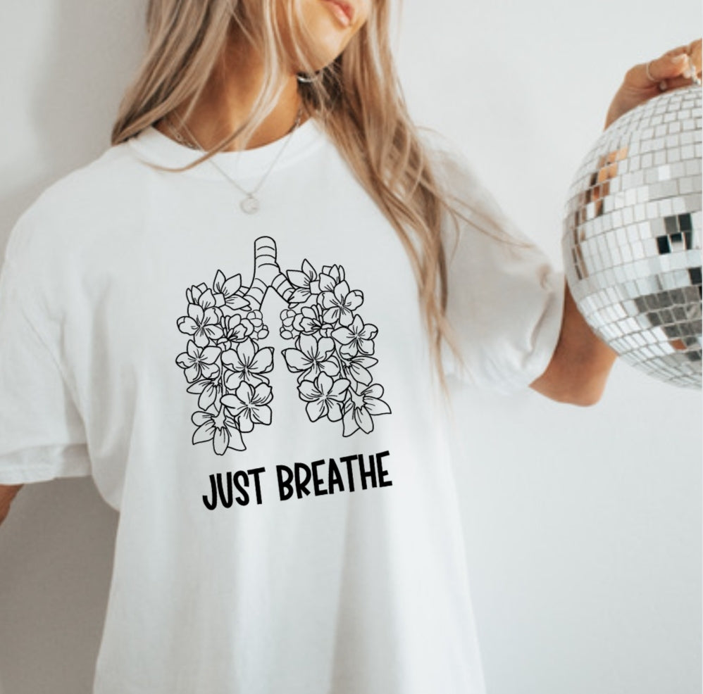 Just Breathe- Hand Drawn Floral Lungs Graphic Tee- Handmade