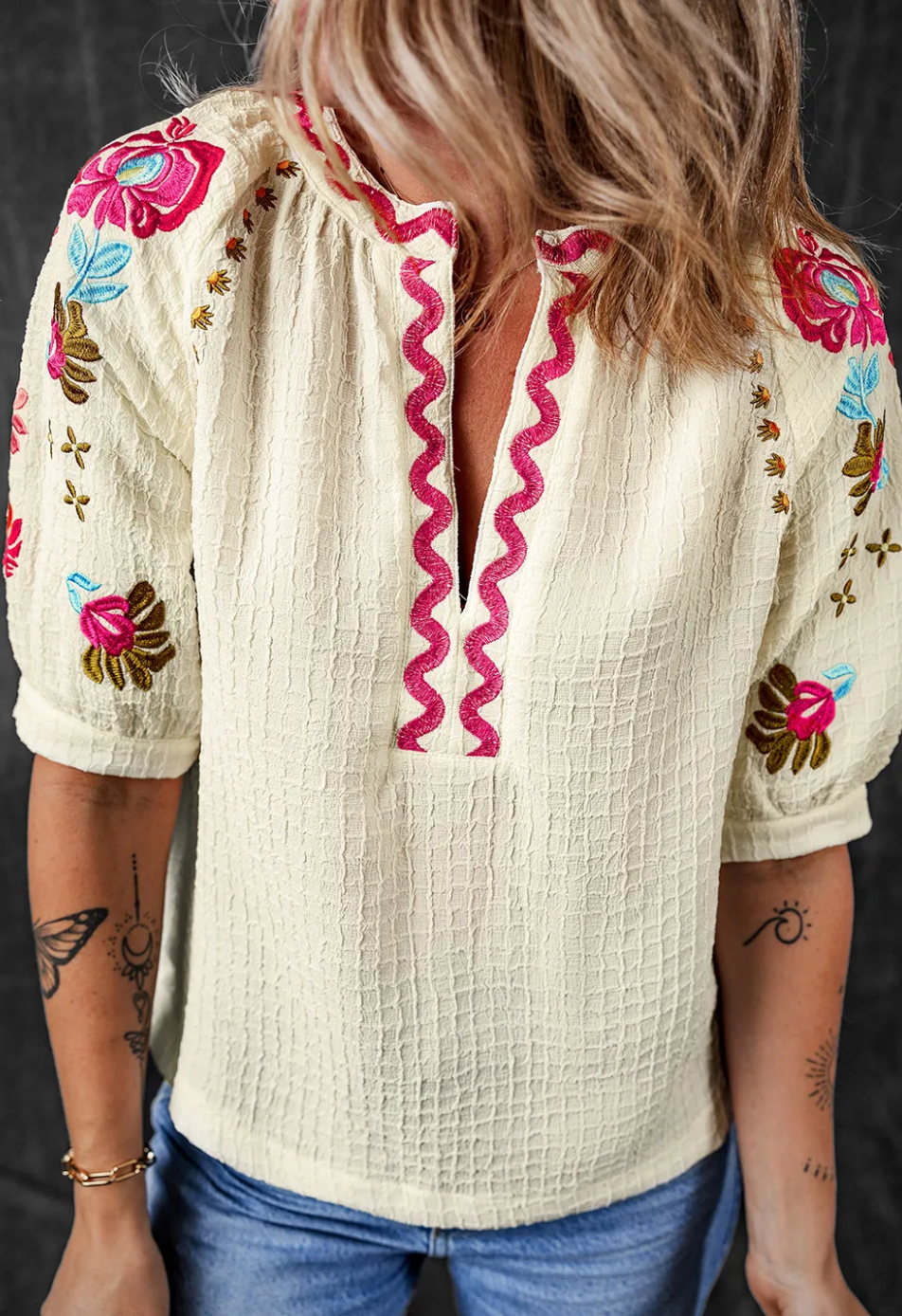 Sr Beige Floral Embroidered Ricrac Puff Sleeve Textured Blouse