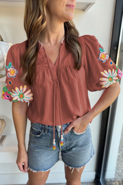 Sr Mineral Red Floral Embroidered Puff Sleeve Split Neck Blouse