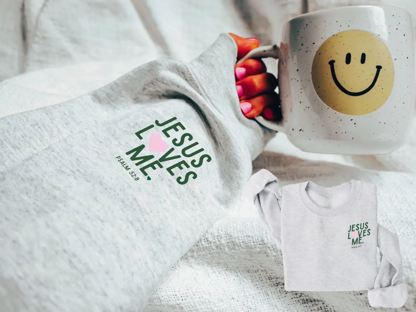 "jesus Loves Me" Ribbon Sleeve/pocket Style Pullover