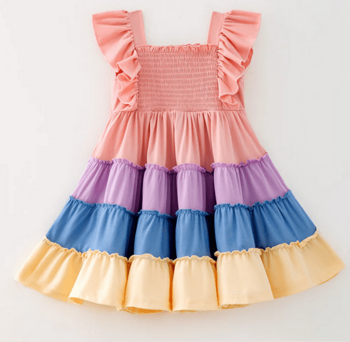 Rainbow Smocked Ruffle Playwear Dress W/ Hair Bow