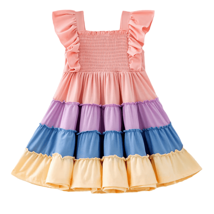 Rainbow Smocked Ruffle Playwear Dress W/ Hair Bow