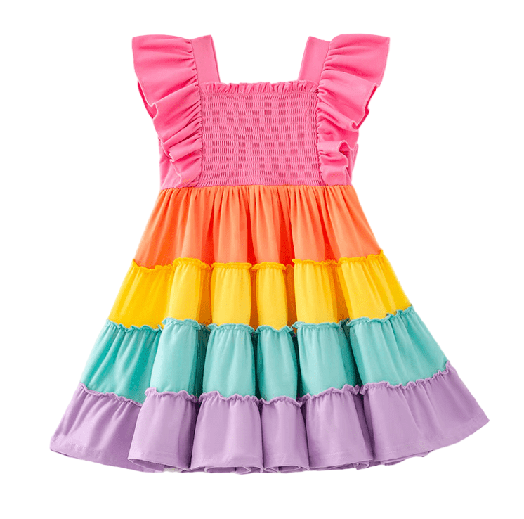 Spring Ruffle Rainbow Smocked Playwear Dress