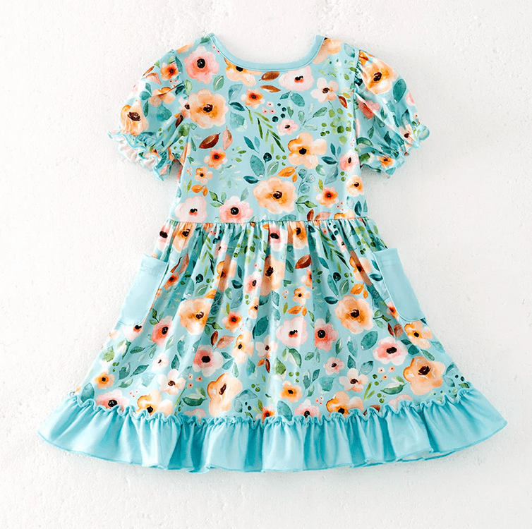 Spring Teal Garden Playwear Dress W/ Hair Bow