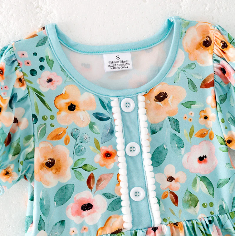 Spring Teal Garden Playwear Dress W/ Hair Bow