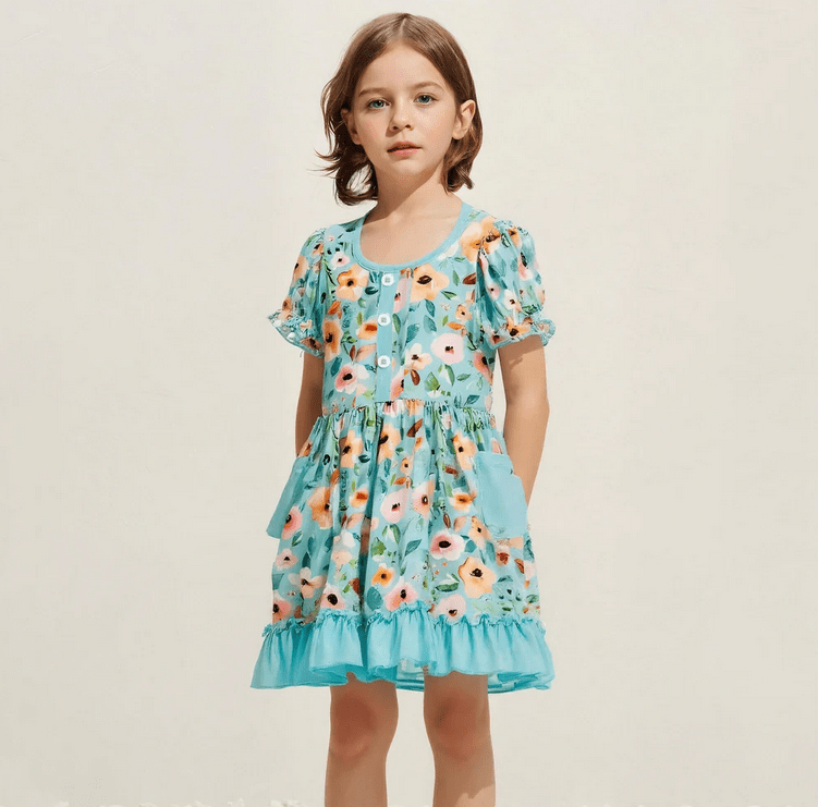 Spring Teal Garden Playwear Dress W/ Hair Bow