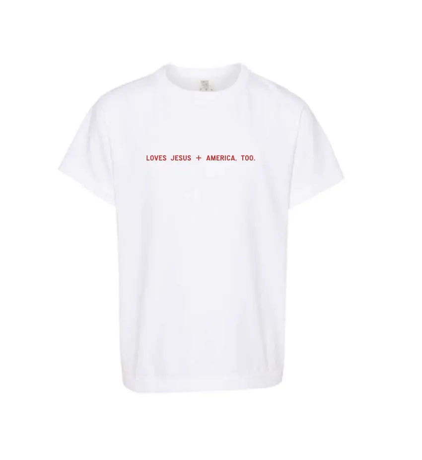 Loves Jesus + America, Too. Kids/youth Tee
