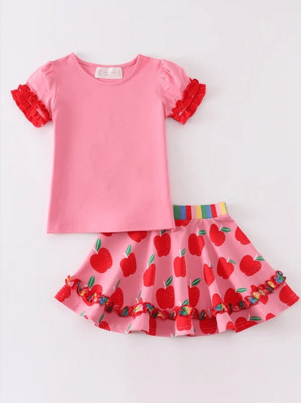 Back To School Apple Top & Skirt Set W/ Hair Bow
