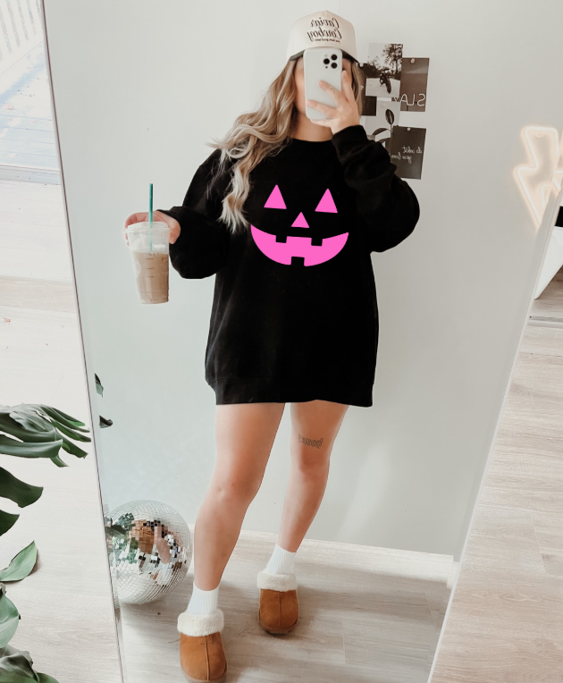 Neon Pink Jack-o-lantern On Black - See Matching Mini!