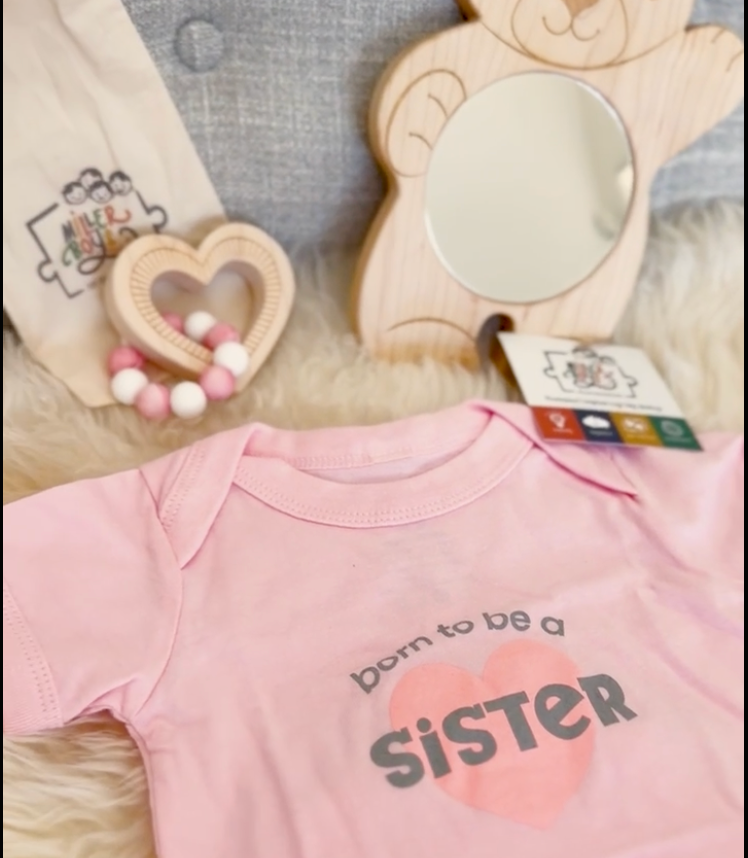100% Airlume Combed, Ring-spun Cotton Onesie  - Born To Be A Sister (size 3-6 Mo)