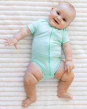 Short Sleeve Zipper Bodysuit In Seafoam, 9-12m