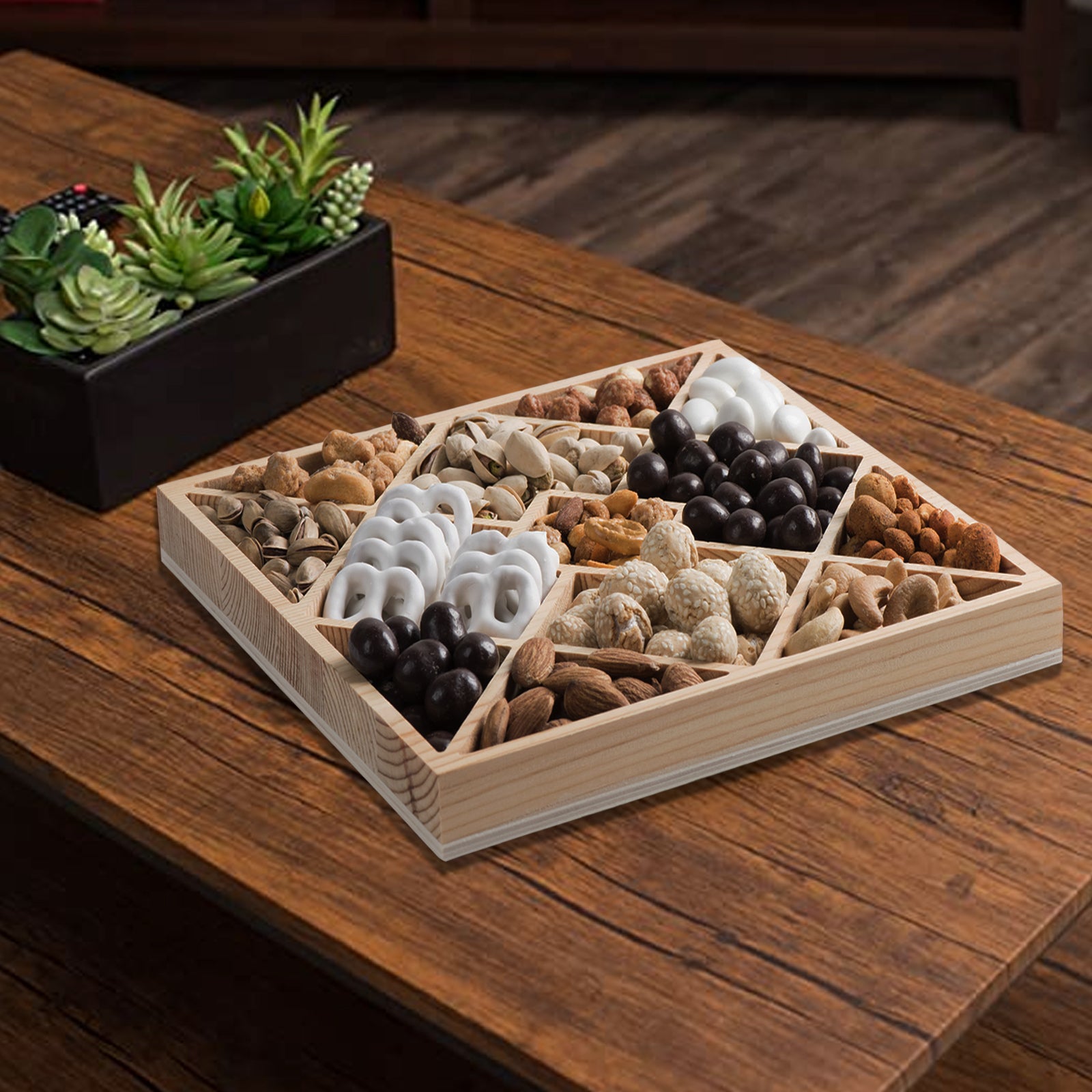 Square Sectional Wooden Trays 4 Pack 10"x10"x1.13"