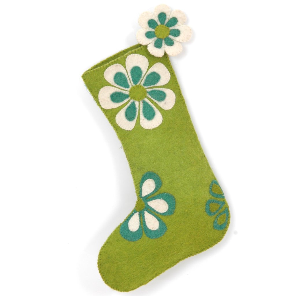 Hand Felted Wool Christmas Stocking - Flower Power In Green
