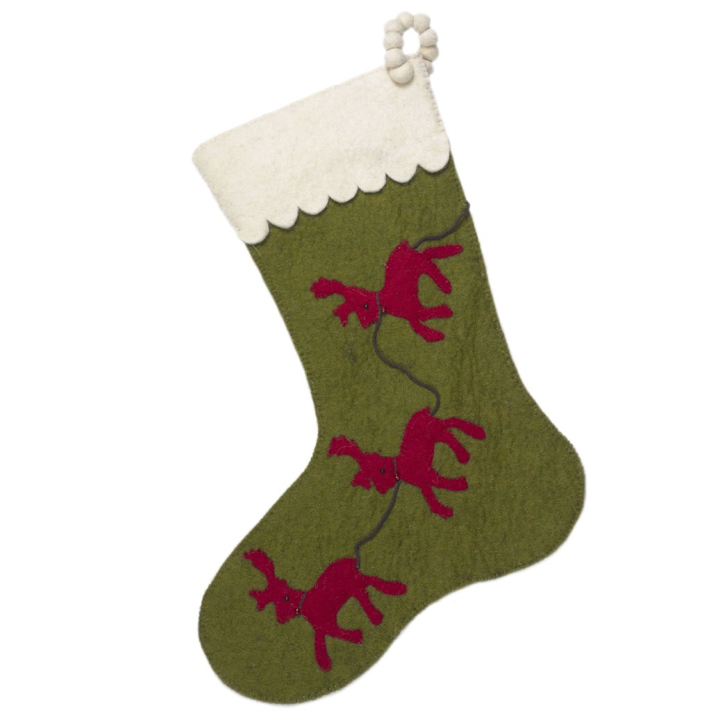 Hand Felted Wool Christmas Stocking - Red Reindeer On Green