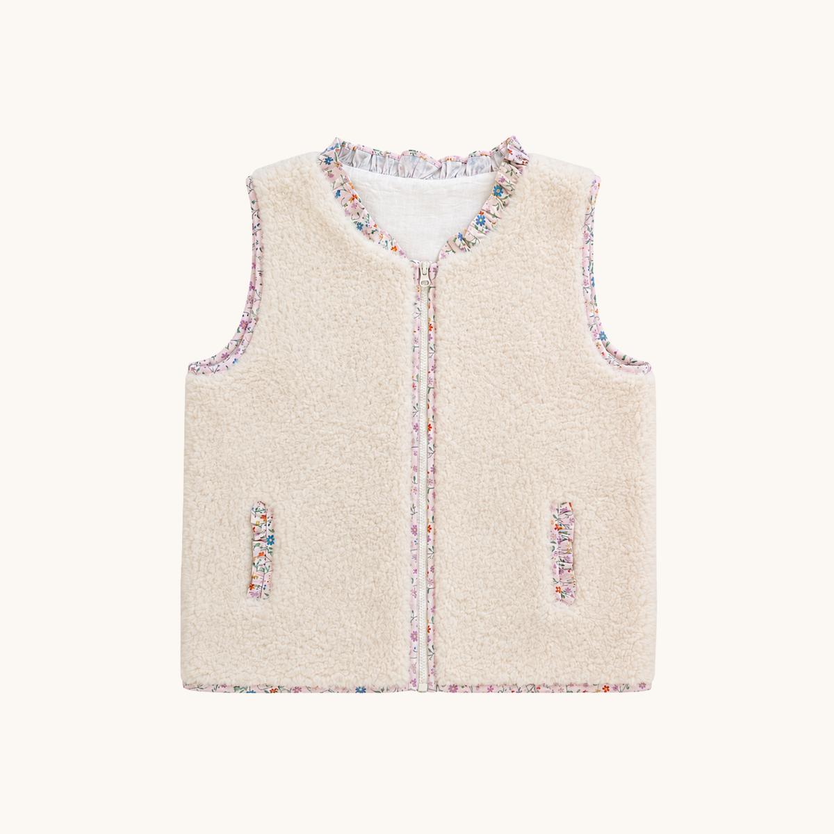Sherpa Vest W/floral Trim