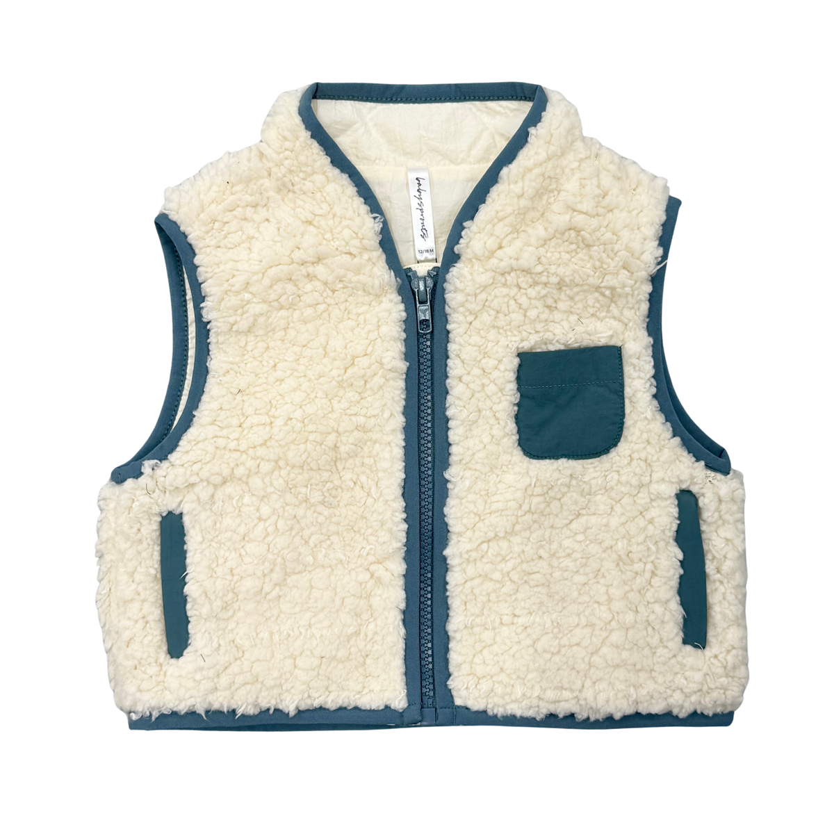 Sherpa Zipper Vest In Cream And Slate Mist