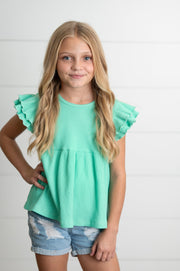 Ella Turquoise Ribbed Flutter Shirt