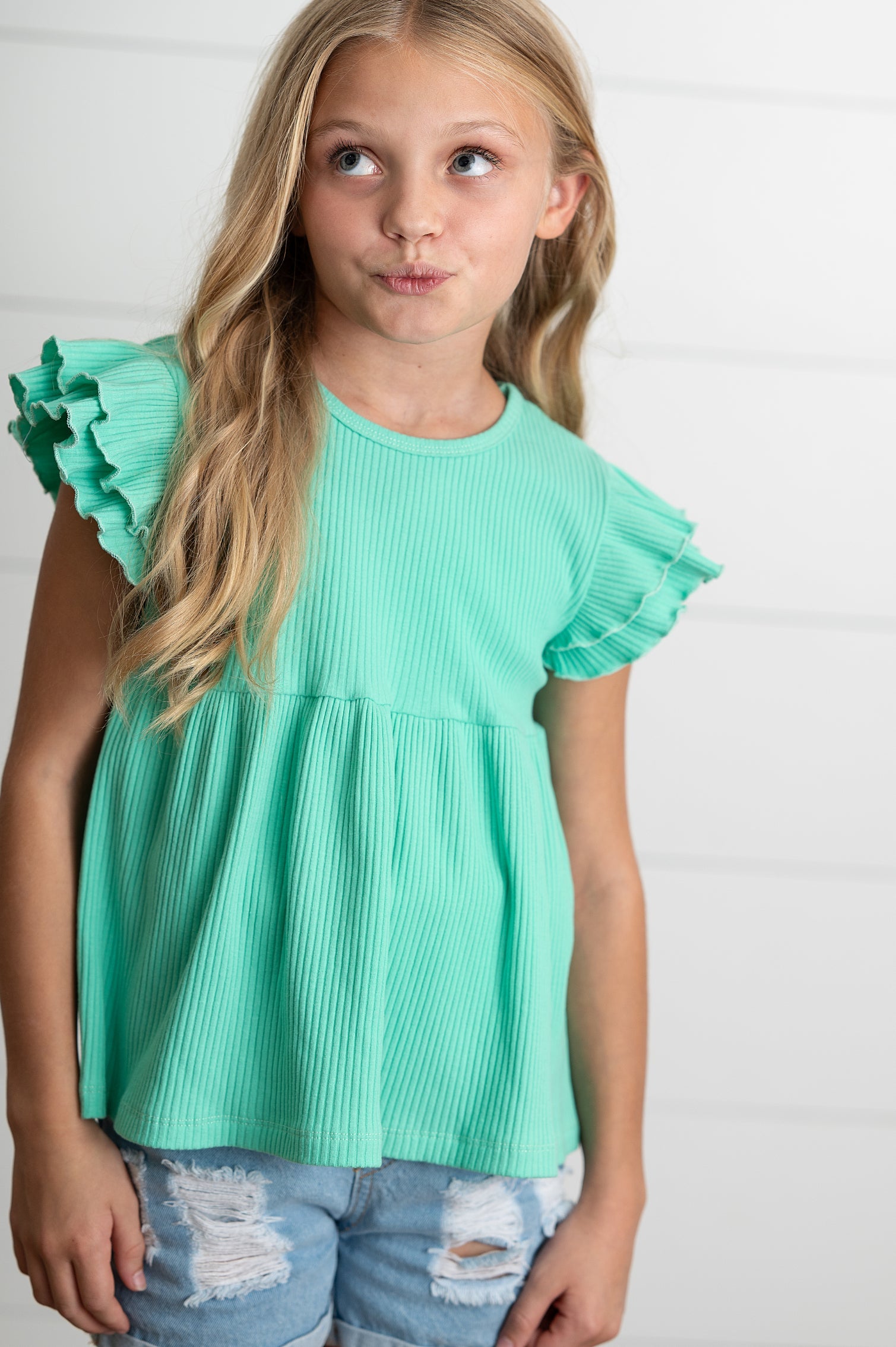 Ella Turquoise Ribbed Flutter Shirt