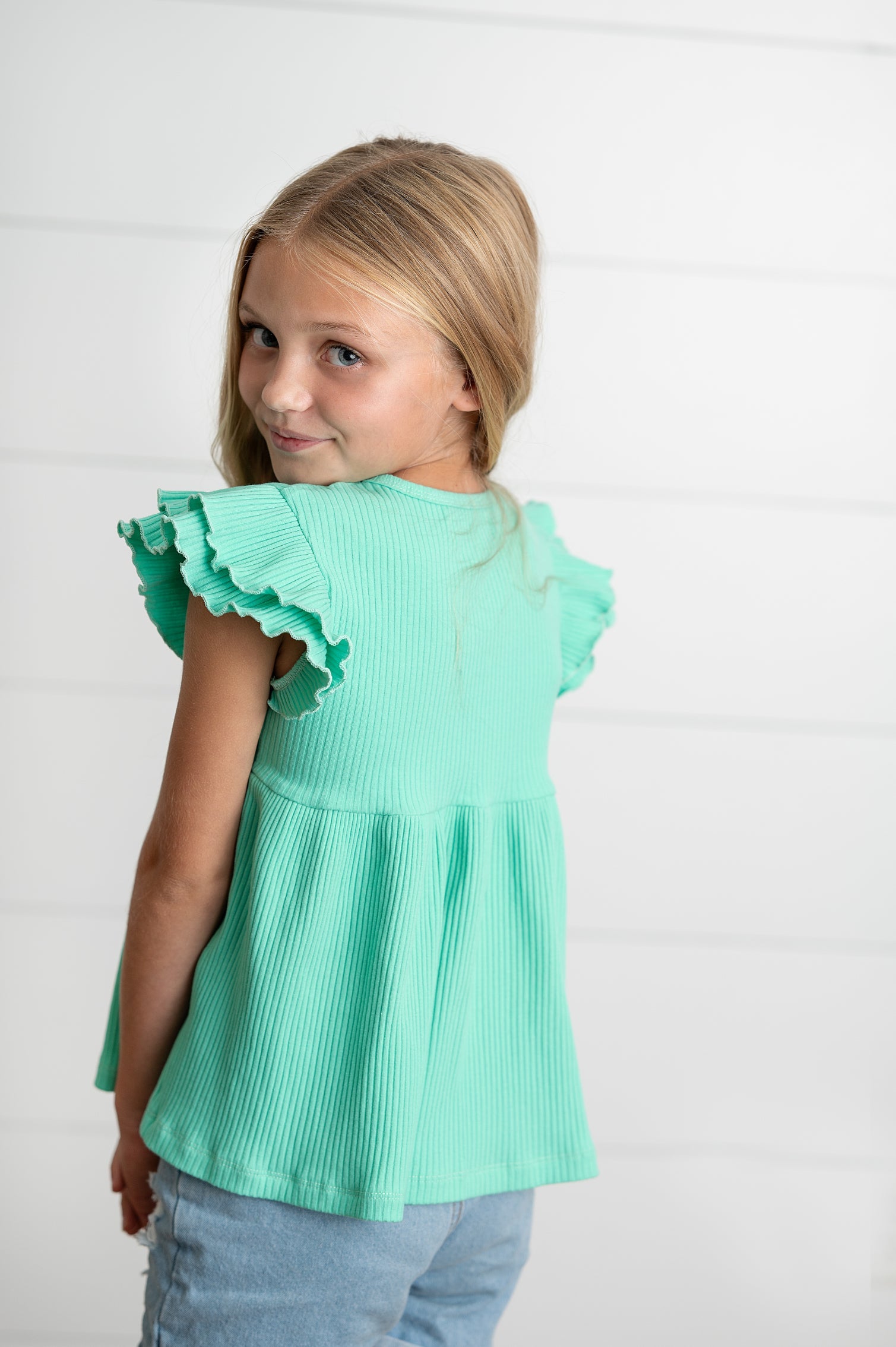 Ella Turquoise Ribbed Flutter Shirt
