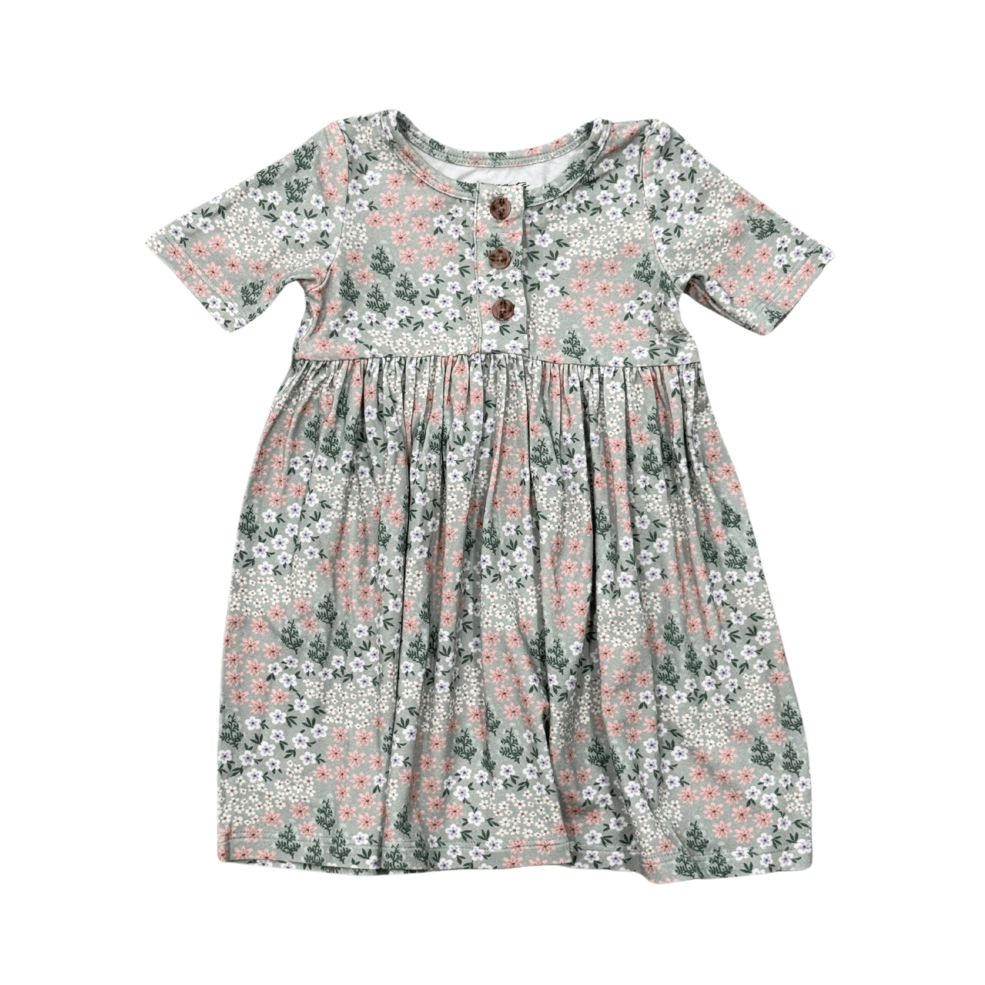 Girls Short Sleeve Henley Dress In Aqua Grey Floral