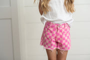 Pink Check Denim Shorts