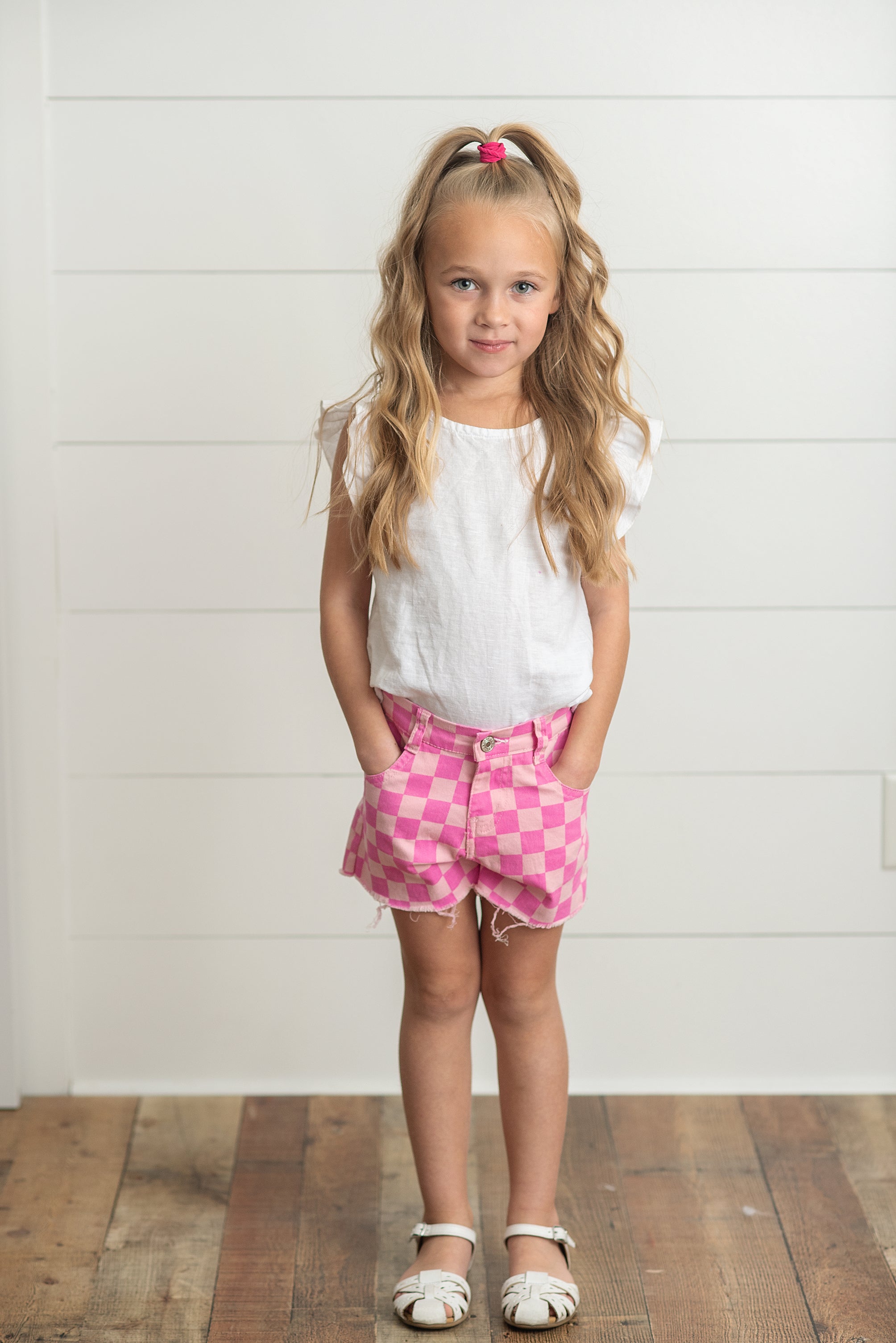 Pink Check Denim Shorts