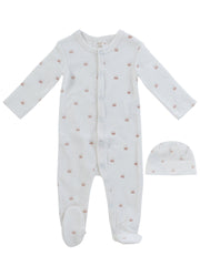 Little Crown Pattern Terry Footie + Hat - Pink